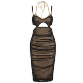Hollow out halter ruched mesh midi dress