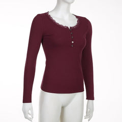 Ribbed long sleeve lace hem button solid top