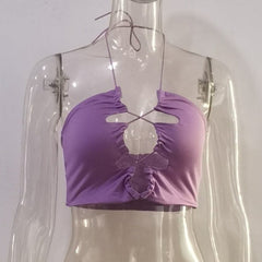 Double layered hollow out self tie backless solid lace up halter top