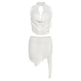 Cowl neck textured halter backless irregular tassels mini skirt set