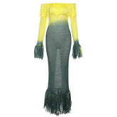 Crochet tassels off shoulder contrast long sleeve maxi dress