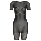 Fishnet short sleeve hollow out see through solid romper