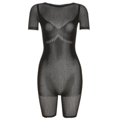 Fishnet short sleeve hollow out see through solid romper
