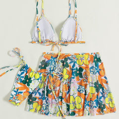 Flower pattern contrast self tie 3 piece swimwear