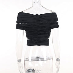 Flower applique ruched solid hollow out off shoulder top