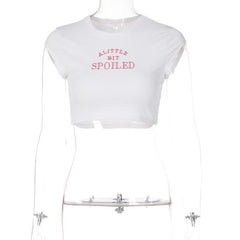 “SPOILEDââ‚?embroidery contrast crewneck cap sleeve crop top