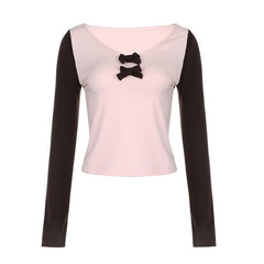 Bowknot contrast patchwork long sleeve v neck top