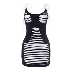 Contrast u neck self tie backless mini dress