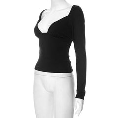 Solid v neck long sleeve hollow out top