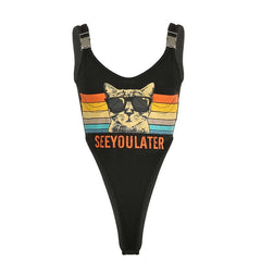 Buckle v neck backless cat pattern contrast sleeveless bodysuit