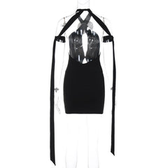 Flower applique contrast self tie halter backless hollow out mini dress