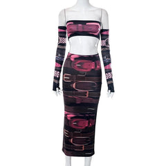 Gloves contrast print backless tube midi skirt set