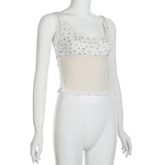Flower print lace hem contrast sleeveless square neck top