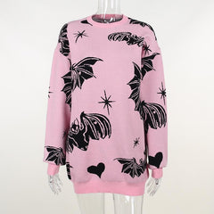 Long sleeve crewneck bat print contrast knitted sweater top