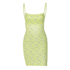 Flower print square neck backless contrast mini dress