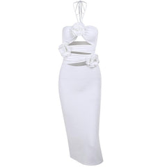 Solid halter slit ruched hollow out flower applique midi dress