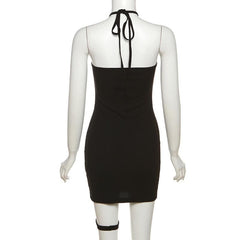 Flower applique halter mesh patchwork backless mini dress