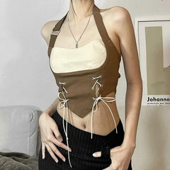 Lace up halter open back crop top