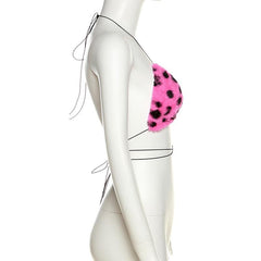 Furry leopard print self tie open back o ring bra top