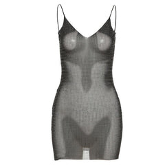 Beaded V neck sheer mesh see through mini dress