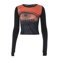 Long sleeve abstract contrast round neck crop top