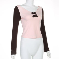 Bowknot contrast patchwork long sleeve v neck top