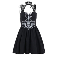Halter backless v neck skull pattern ruched mini dress