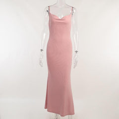 Sleeveless solid ribbed cowl neck backless ruffle maxi dress