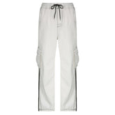 Stitch contrast cargo pocket drawstring straight leg jeans