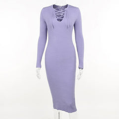 Lace up solid ribbed long sleeve notch neck mini dress