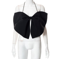 Bowknot spaghetti strap halter self tie backless crop top