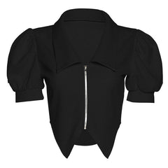 Turnover collar textured zip up front puff short sleeve solid top