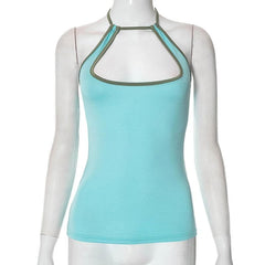 Halter contrast hollow out self tie backless top