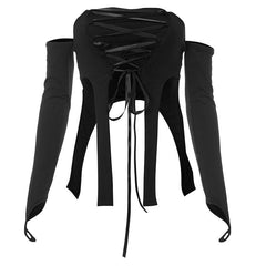 Lace up off shoulder long sleeve gloves solid tube crop top