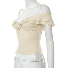 Off shoulder ruffle knotted backless solid top