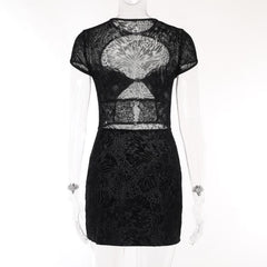 Button short sleeve hollow out textured mini dress