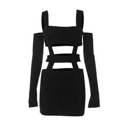 Solid hollow out off shoulder long sleeve backless mini dress
