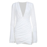V neck long flared sleeve ruched irregular solid mini dress
