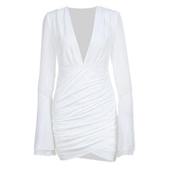 V neck long flared sleeve ruched irregular solid mini dress