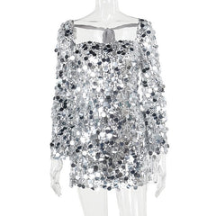 Glitter self tie long sleeve slit backless mini dress