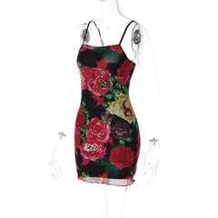 Mesh flower print contrast backless ruffle cami mini dress