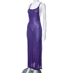 Glitter u neck see through backless cami maxi dress