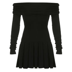 Pleated off shoulder long sleeve solid ruched mini dress