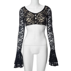 Long flared sleeve lace u neck button backless crop top