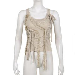 Metal chain sleeveless lace hem irregular solid top