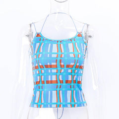 Plaid contrast halter self tie backless crop top