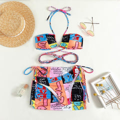 Ruched padded halter contrast print self tie 3 piece swimwear