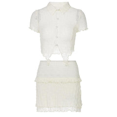 Textured button turnover collar short sleeve ruffle mini skirt set