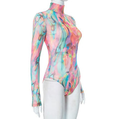 Long sleeve high neck sheer mesh contrast bodysuit