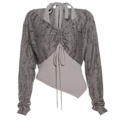 Textured drawstring halter long sleeve contrast 2 piece top